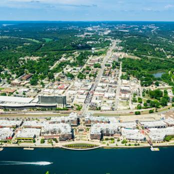 daytime aerial view of the branson landing, lake tanycomo and hwy 76 - branson missouri stock pictures, royalty-free photos & images