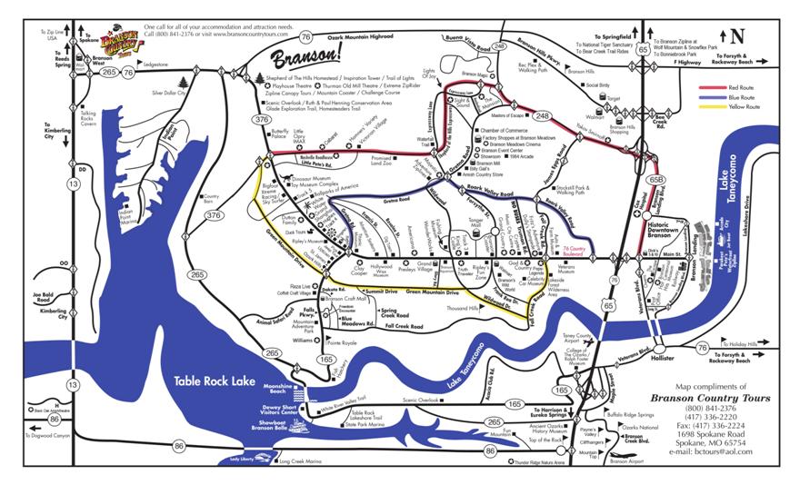 Detailed illustrated map of Branson MO showing highways, attractions, lakes, and surrounding communities for visitor trip planning
