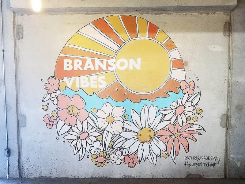 Colorful �Branson Vibes� mural with sun, flowers, and bright typography on an urban wall.