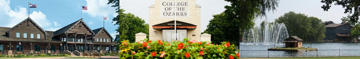 A diverse campus that displays the wooden exterior of the Keeter Center, the brightly colored floral entrance to the college and the fountain of Lake Honor.