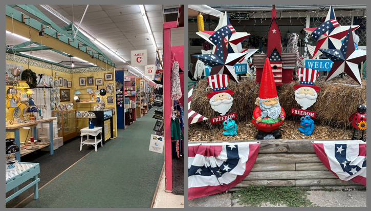 Local Branson shop interior and patriotic outdoor d�cor displays handmade crafts and seasonal decorations.