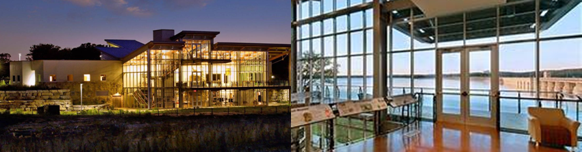 Modern lakeside architecture with expansive glass walls and scenic interior views overlooking the water, inspiring memorable Branson vacation ideas with relaxing Ozarks scenery. 