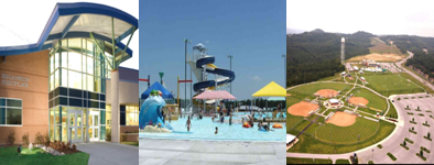 Family-friendly recreation complex featuring an indoor facility, outdoor water park with slides, and scenic walking trails.