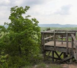 Wooden overlook platform surrounded by trees with scenic Ozarks views in the distance.