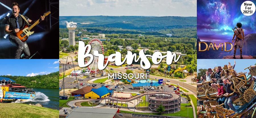 Collage pictures on the main page of Branson Country Tours website.
In the top left corner is Michael Haygood playing his guitar in The Haygoods Show - one of Branson's most popular shows.
In the bottom left corner is the Branson Duck Tours' Duck splashing into Lake Taneycomo as they begin their water portion of the tour.
The center picture is a skyline view of Branson showing the blue sky, green trees on our Ozark Mountain, above view of Highway 76 (the Strip) and Branson Track Family Fun Park #4 which features the ThunderStruck Ride, Skycoaster, Heavy Metal Highrise Go-Kart Track, Bumper Boats, and Ferris Wheel.
In the top right corner is a picture from the All New for 2025 - David Show at Sight & Sound Theatre. The picture shows David as he stands on a cliff looking out into the night sky at a vision of Jesus.
The bottom right corner is a picture of travelers enjoying their ride on the Time Traveler Rollercoaster at Silver Dollar City. All have a big smile on their faces and some are evening raising their hands in the air as their cars spin in circles as they had down the track.