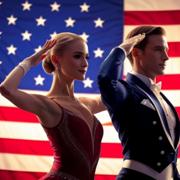 Male and female performers in formal attire saluting before a large American flag backdrop, symbolizing patriotic live entertainment.