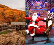 Split image showing scenic Ozark hiking trails with fall foliage alongside a festive Branson stage show featuring Santa and a costumed character�highlighting outdoor beauty and live entertainment ideal for Branson Group Tours.